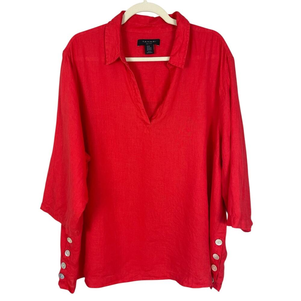 Tahari 100% Linen V-Neck Tunic Top Coral Red Sz 2X Effortless Timeless Vacation